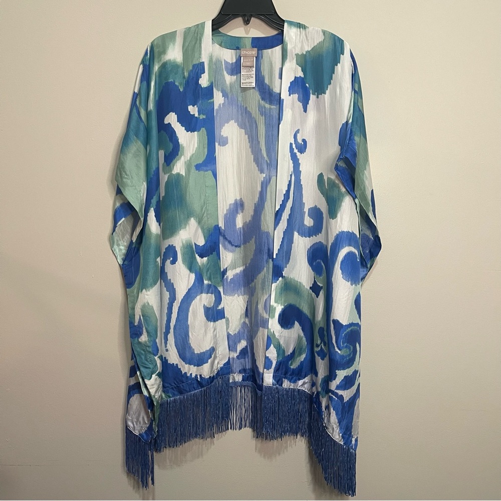 Chico’s Silk Whimsical Scroll Ruana Wrap Kimono with Fringe Trim One Size